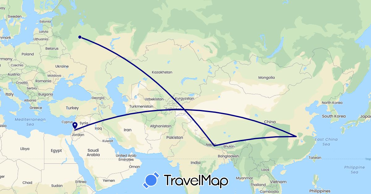 TravelMap itinerary: driving in China, Jordan, Nepal, Russia (Asia, Europe)